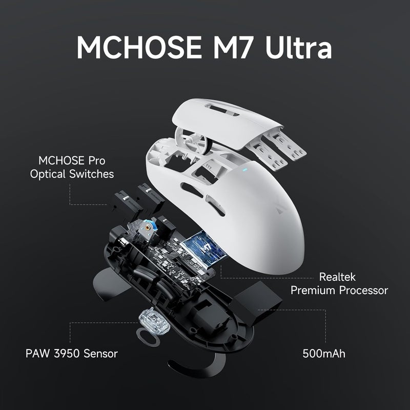 MCHOSE M7 Ultra Wireless Gaming Mouse, 8K Polling, 55g Lightweight Ergonomic Computer Mouse PAW3950 Optical Sensor 750 IPS 42000 DPI 6 Programmable Controls USB-C 3-Modes PC/Mac White - Image 5